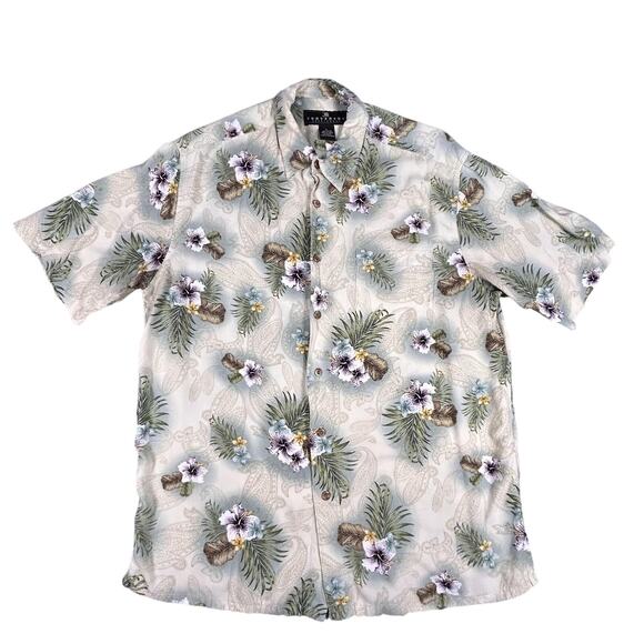 Consensus Sportswear Shirt Mens Large Beige Hawaiian Floral Rayon Button Up Palm - Picture 1 of 6